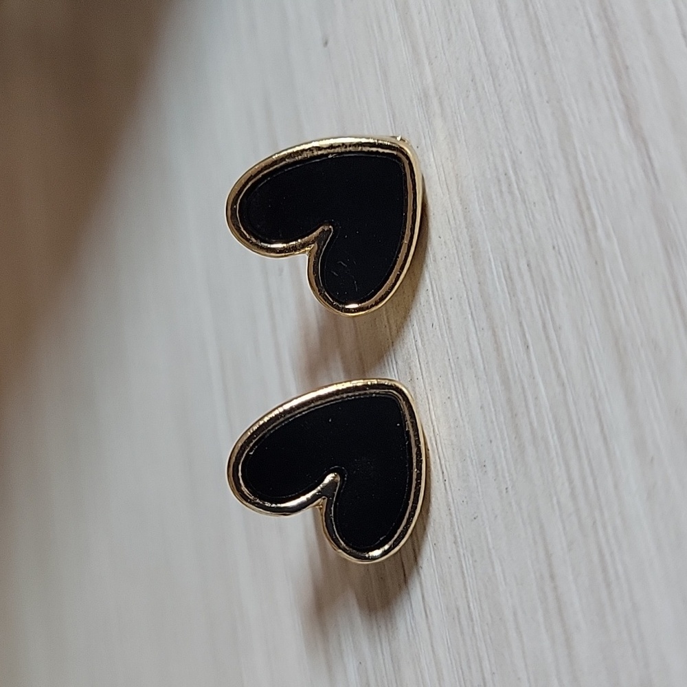 Gold and Black Heart Stud Earrings - Picture 6 of 7